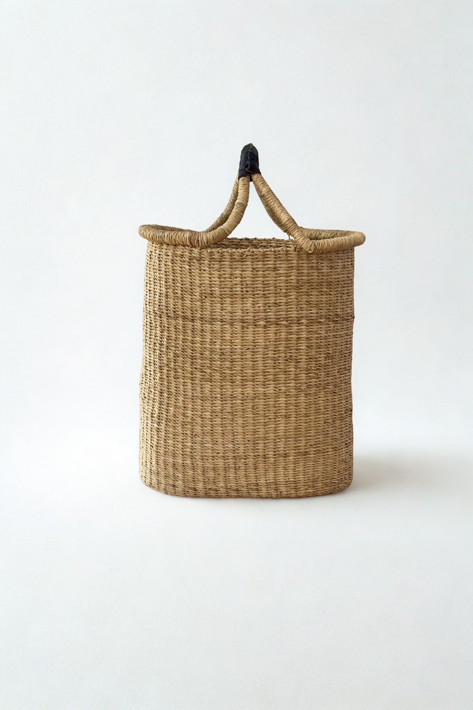 Handwoven Double Weave Pot Basket with Black Leather Handle