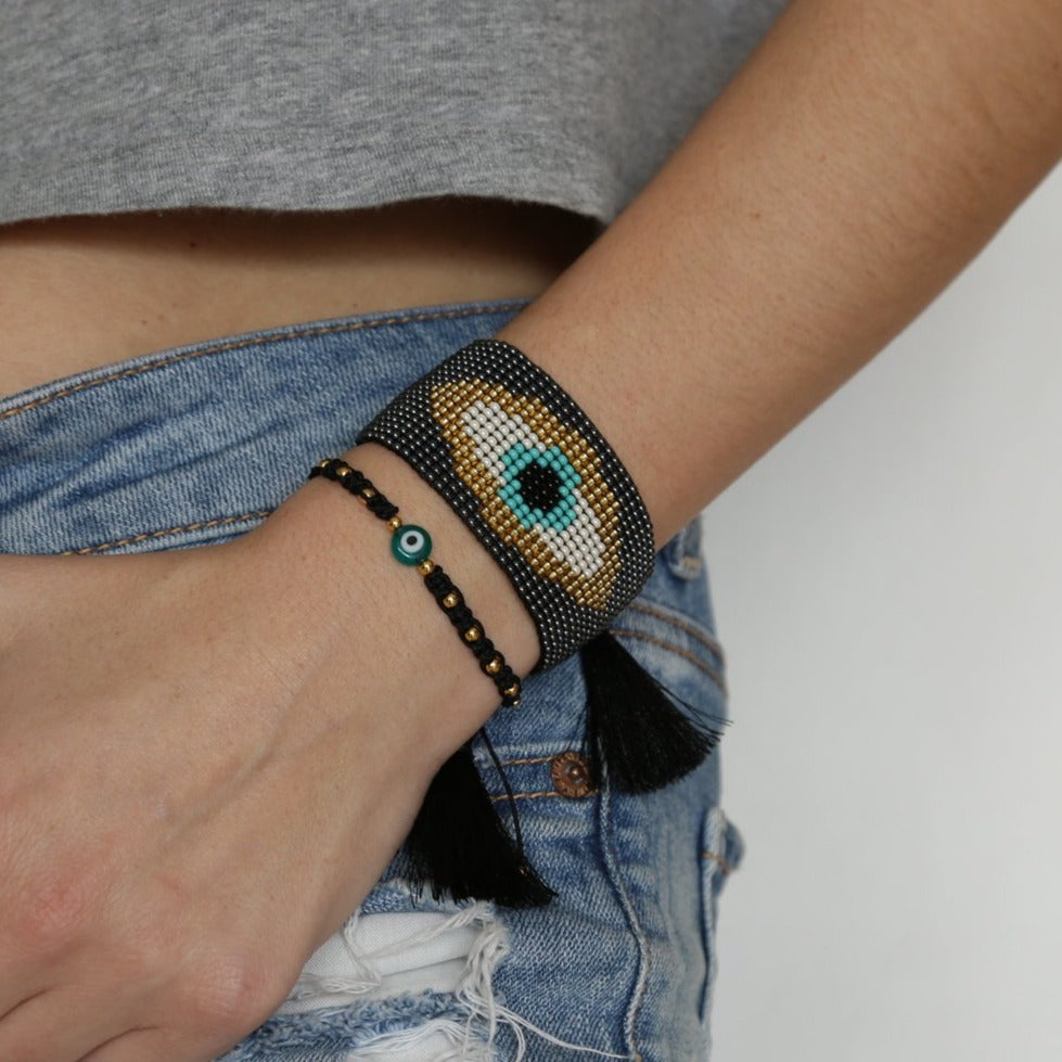 Evil Eye Tassel Bracelet Set Gray