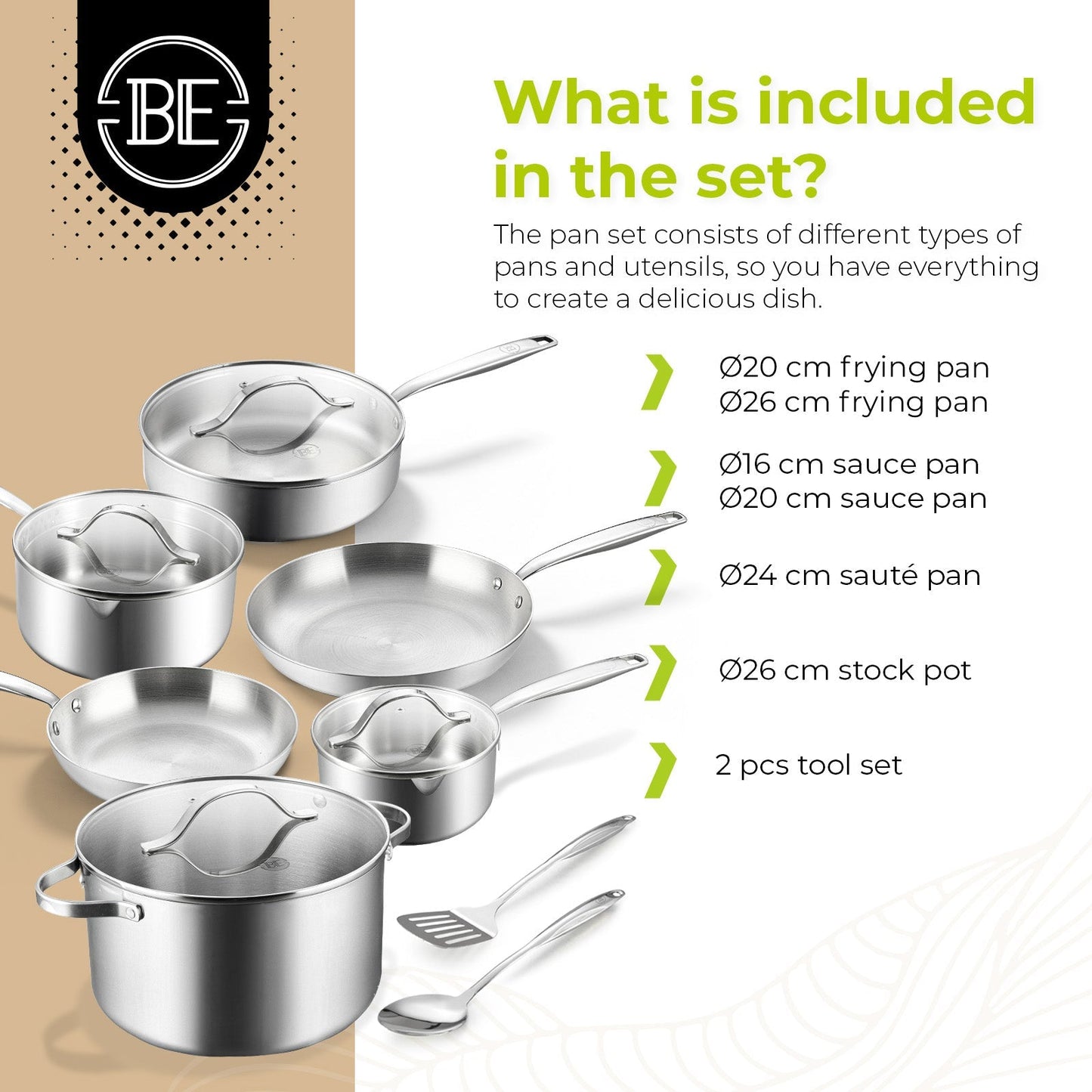 BE | LIVING Essential Series 12 pcs Cookware Set (Triply Stainless Steel)