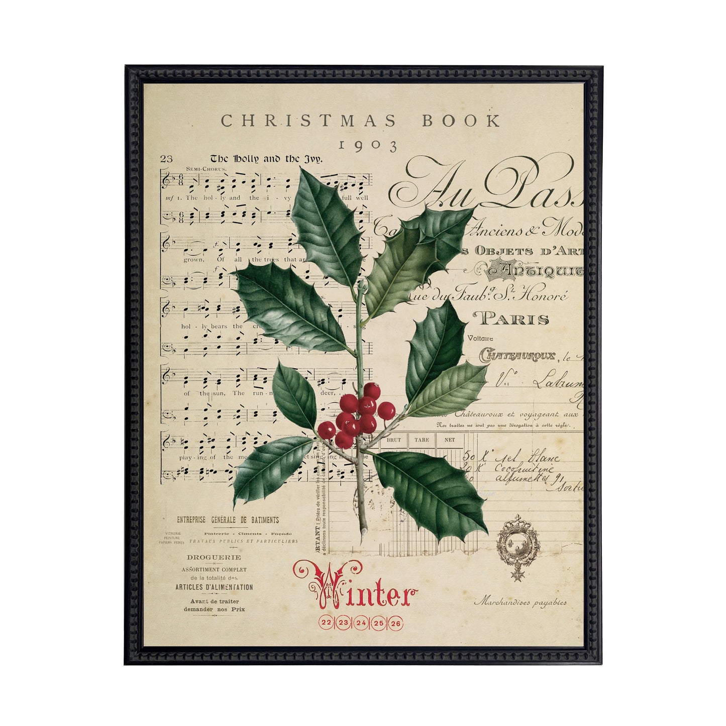 Vintage Painting of Holly on a distressed bookplate background