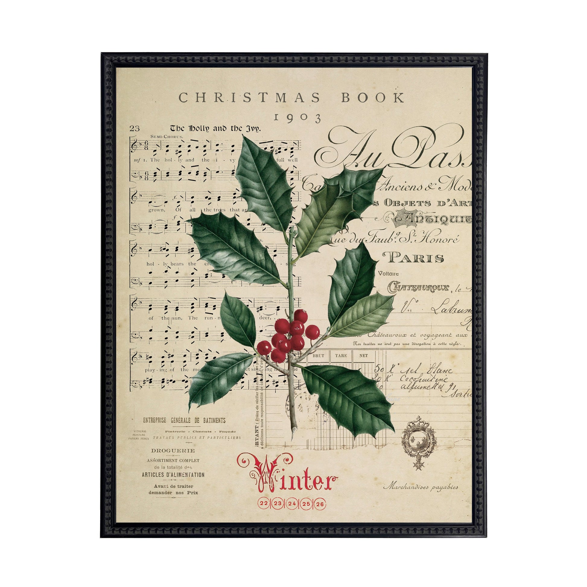 Vintage Painting of Holly on a distressed bookplate background
