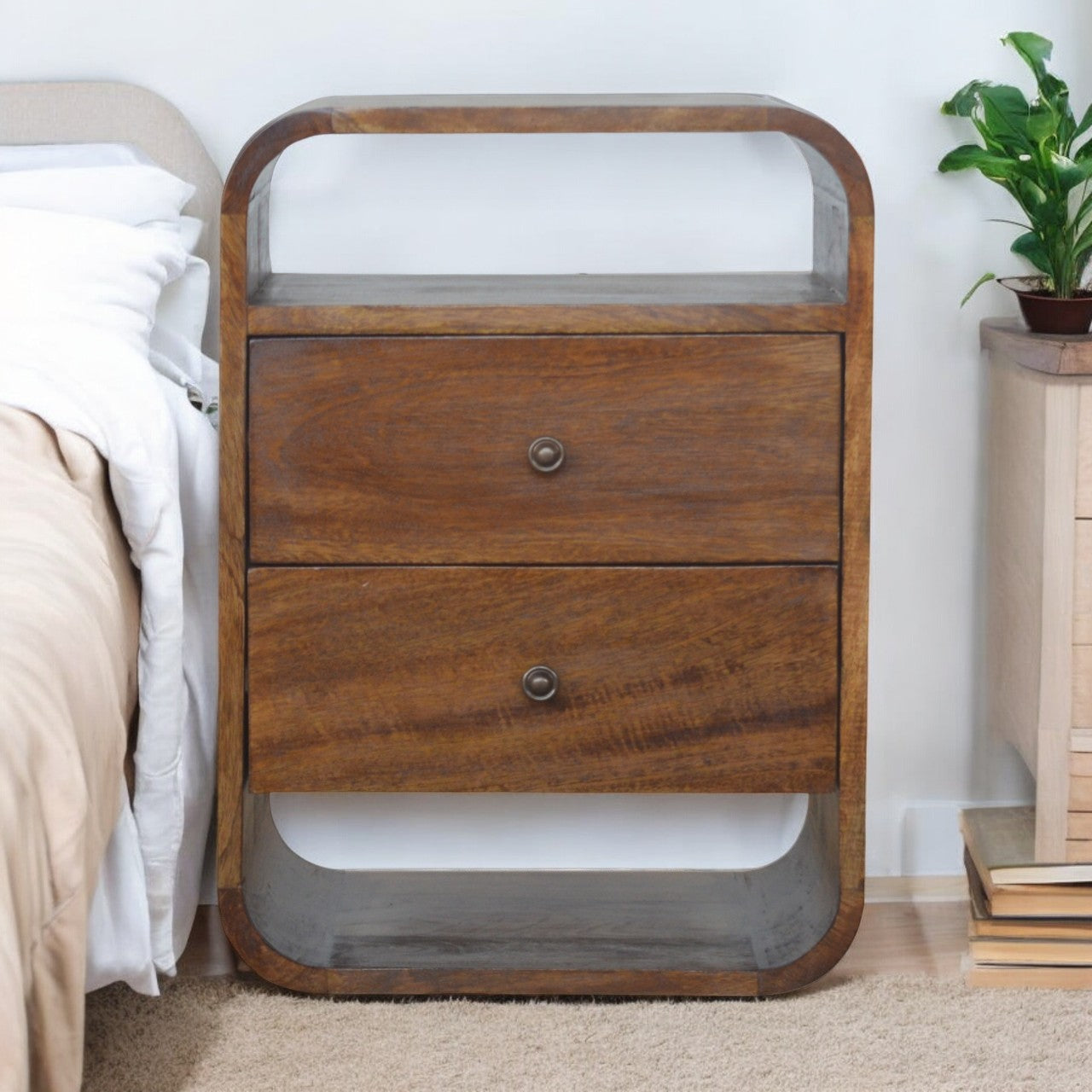 Solid Wood Chestnut Curve 2-Drawer Nightstand