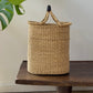 Handwoven Double Weave Pot Basket with Black Leather Handle