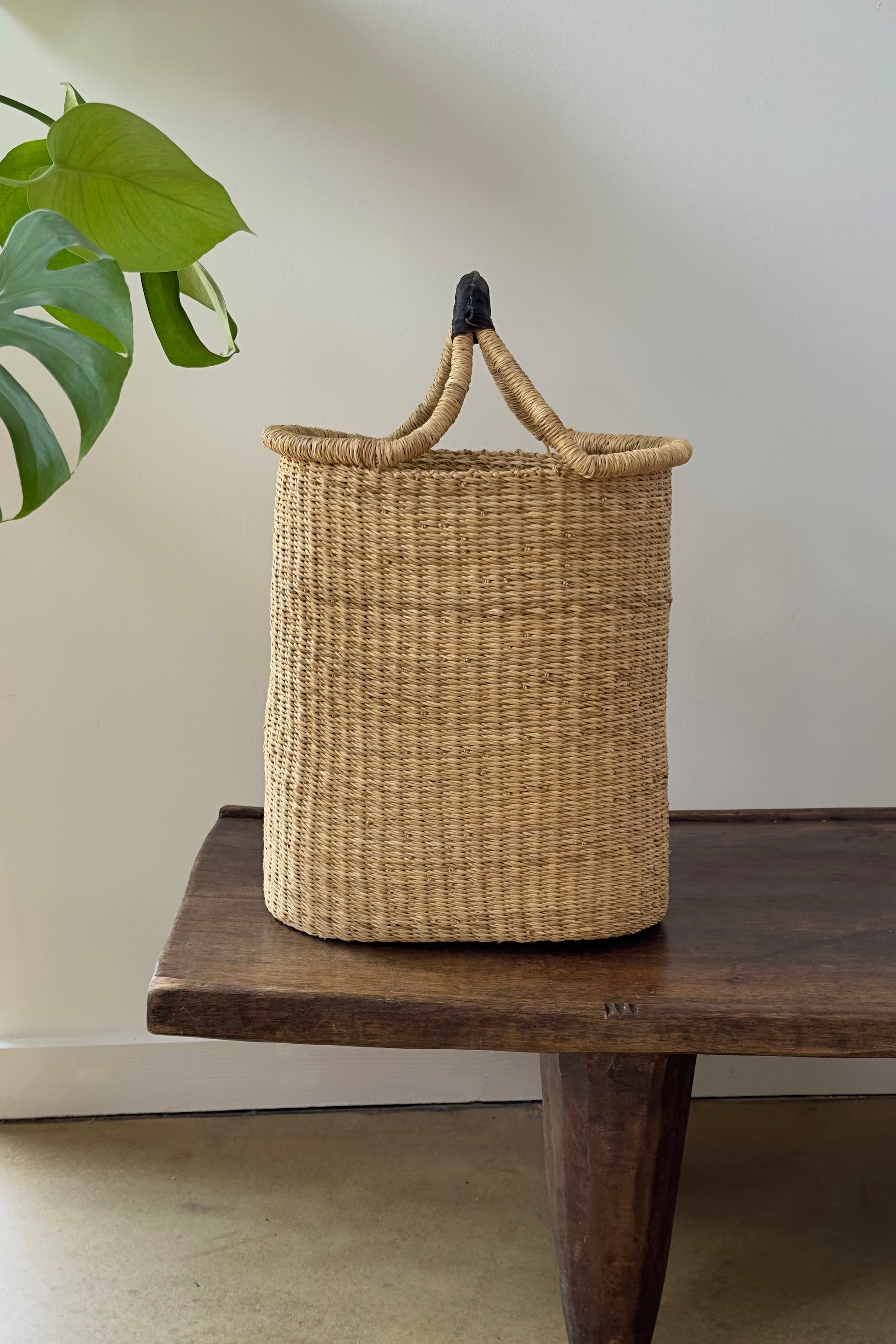 Handwoven Double Weave Pot Basket with Black Leather Handle