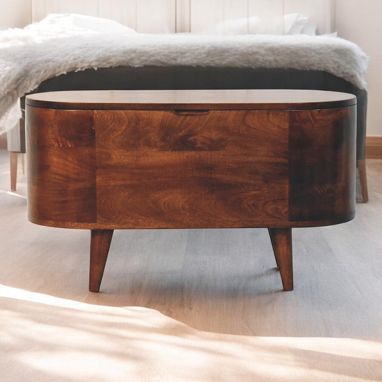 Solid Wood California Walnut Rounded Lid-Up Blanket Box