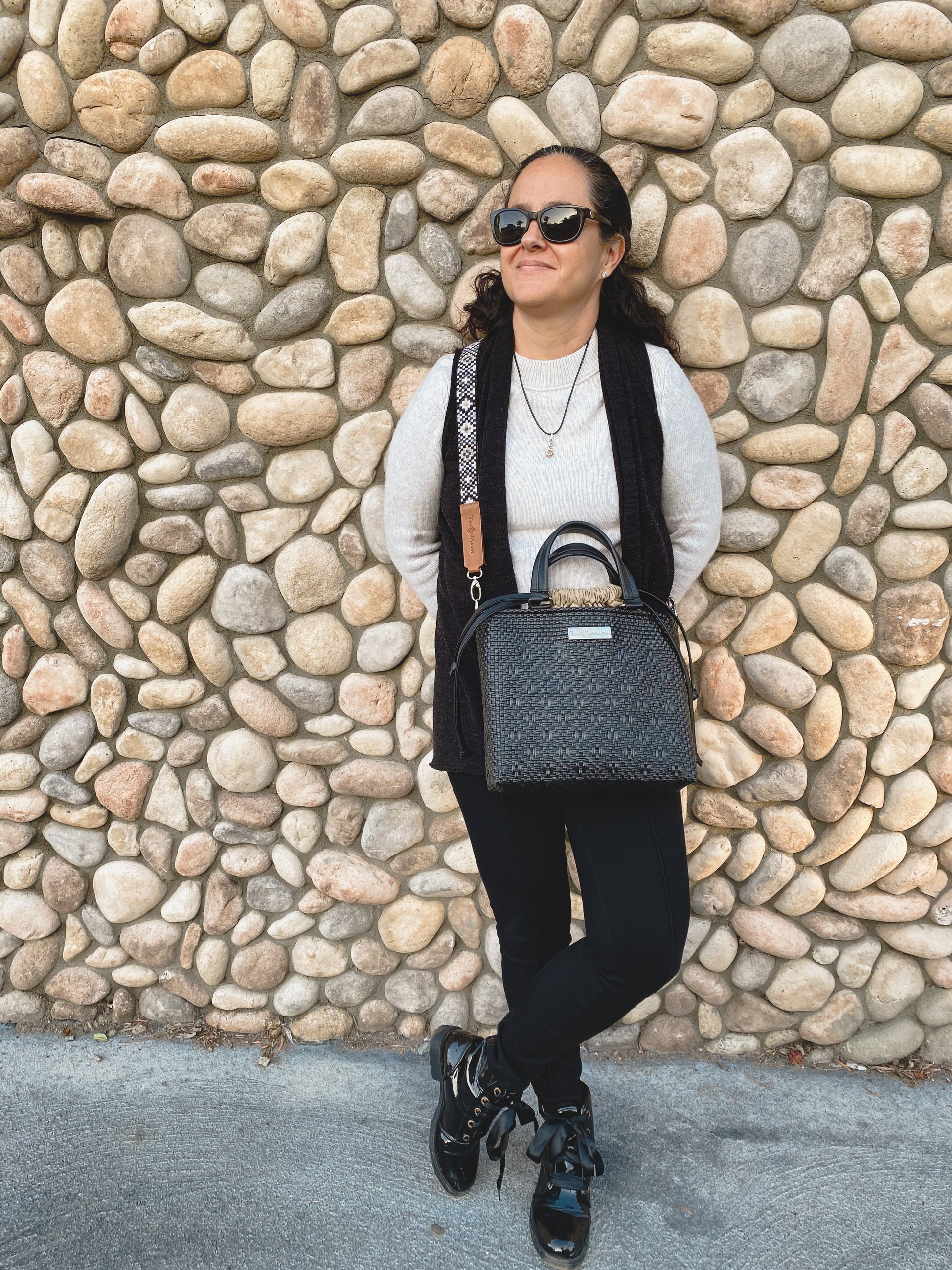 All Black Medium Woven Crossbody Drawstring Bag