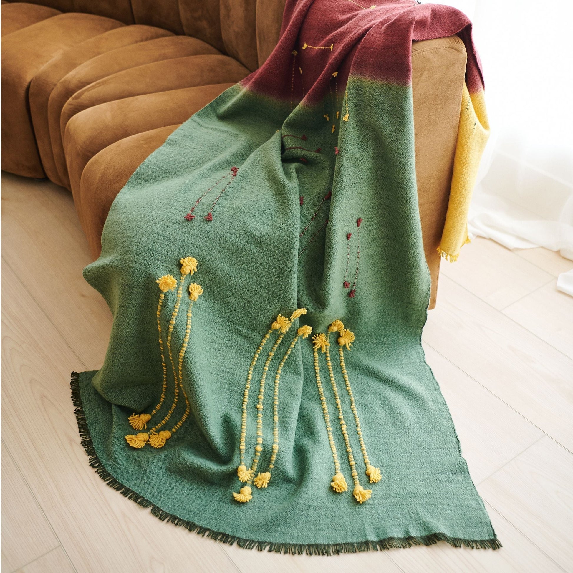 Avocado Multi Color Warm Hues Hand Woven Hand Knotted Textured Merino Throw
