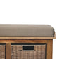 Solid Wood Rattan Basket Linen Upholstered Bench