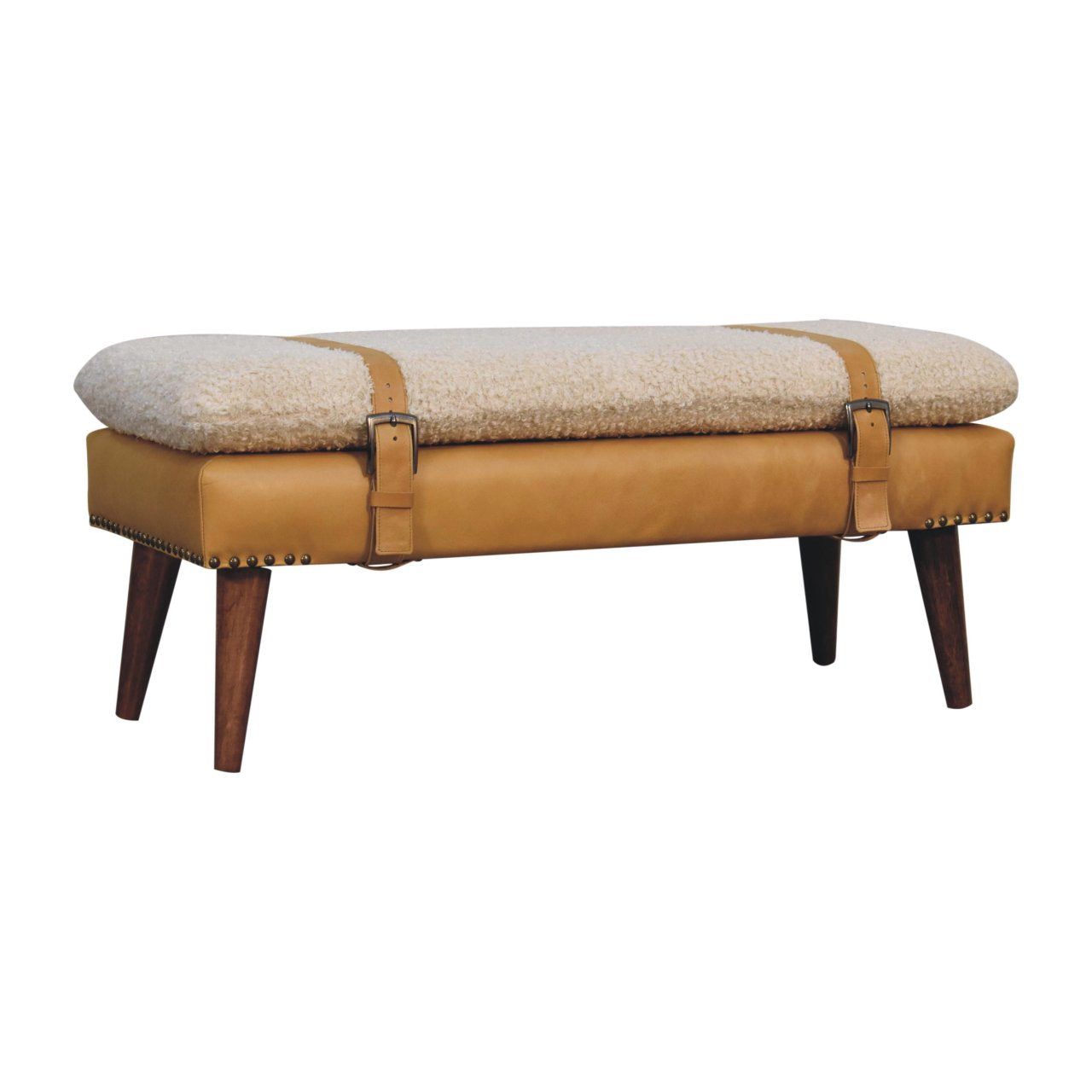Solid Wood Boucle Tan Leather Bench
