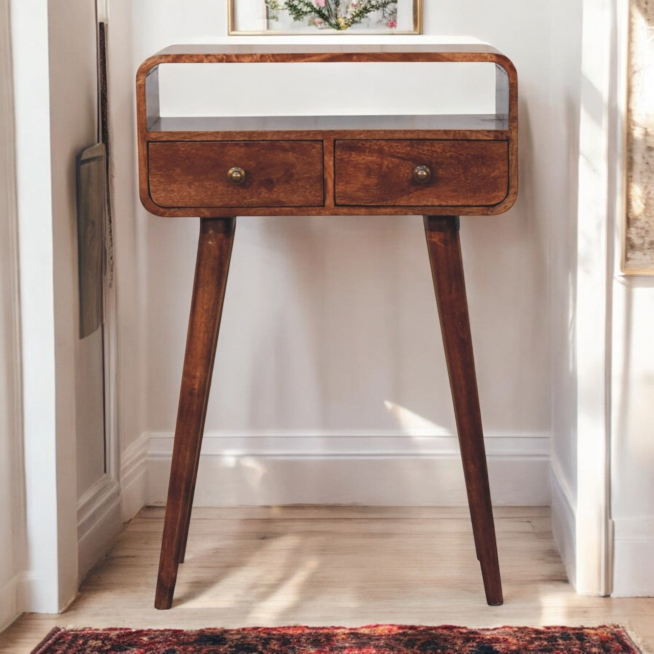 Solid Wood Mini Curved Honey Caramel Console Table