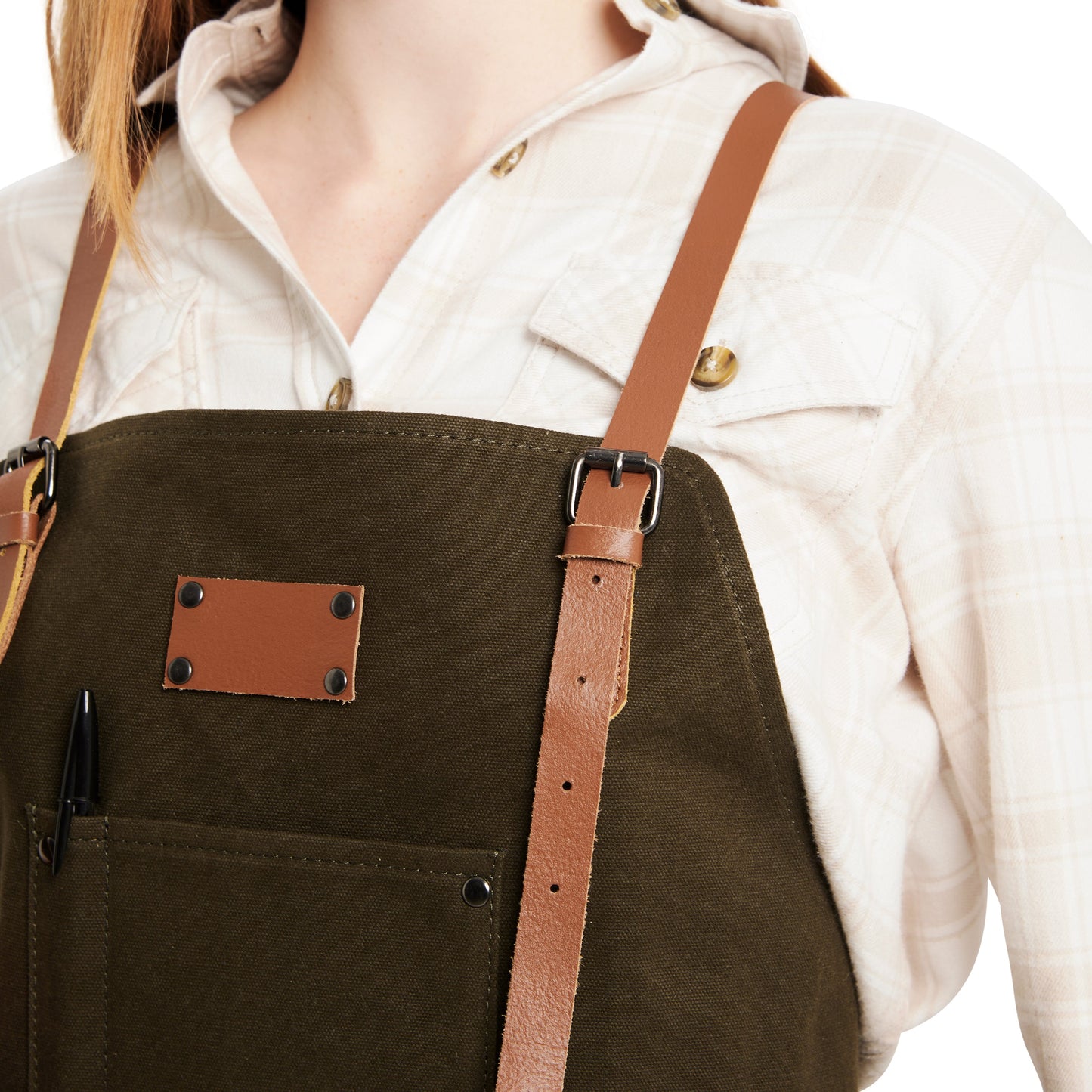 Waxed Canvas Work Apron with Leather Straps & Utility Pockets