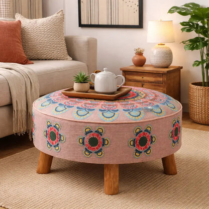 Mandala Slub Ottoman | 24x24x15"| Beige Cotton Fabric