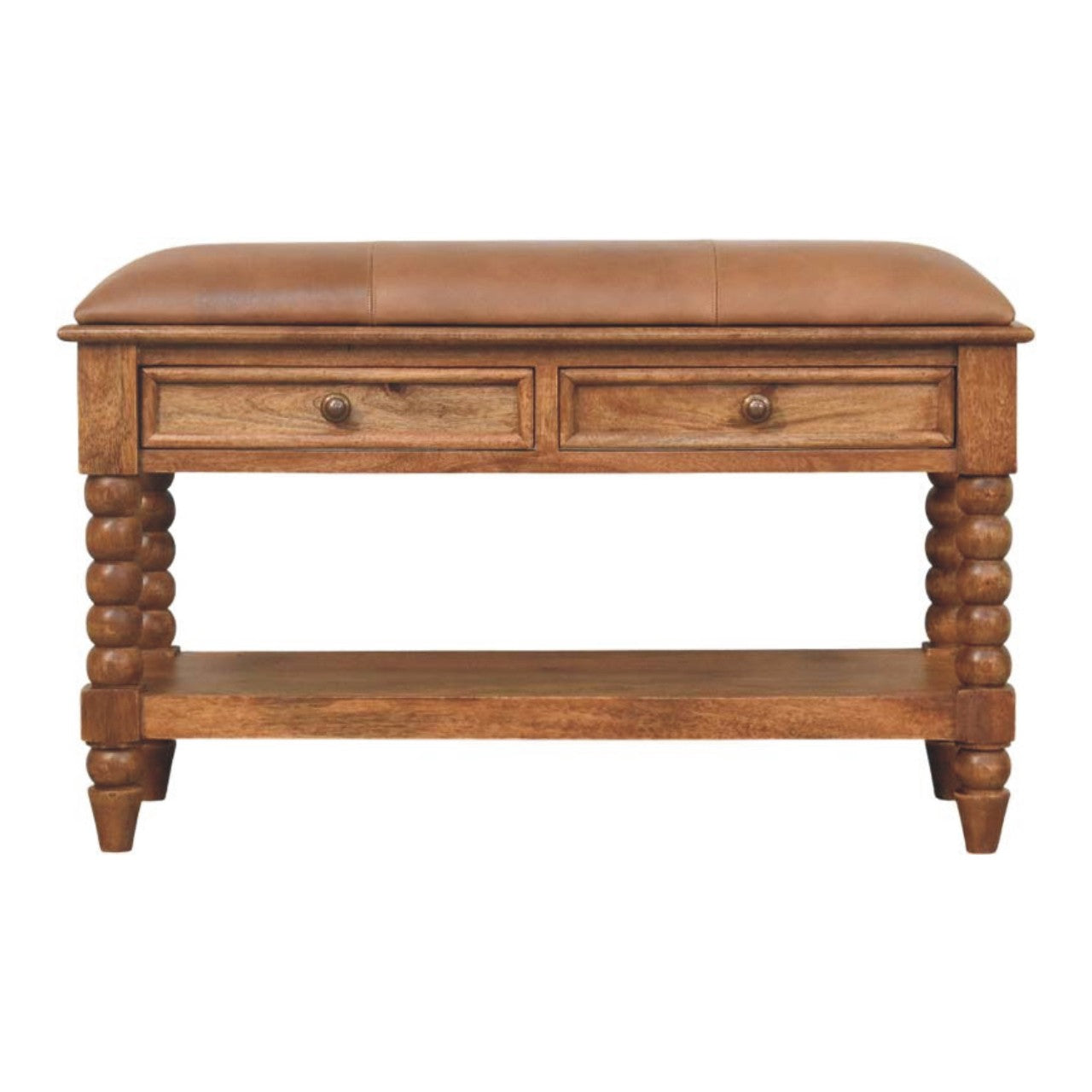 Solid Wood Leather Spindle Bench