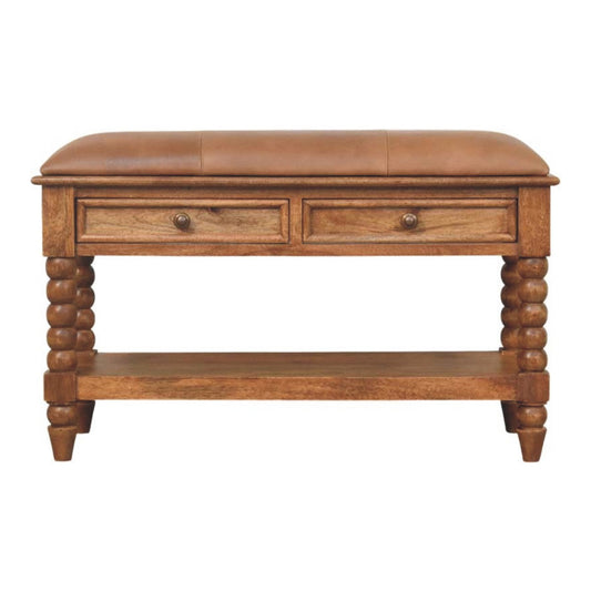Solid Wood Leather Spindle Bench