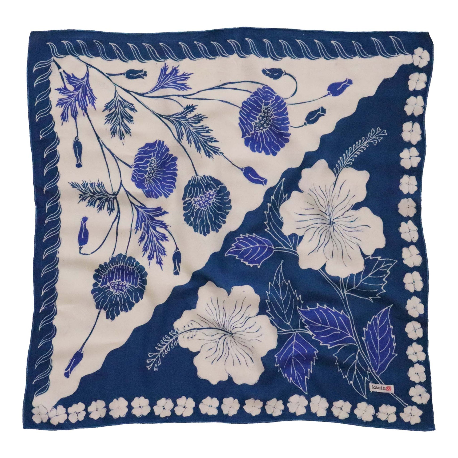 Full Hand Drawn Batik Tulis Bandana Authentic, 100% Soft Cotton, Hibiscus Poppy Flowers , Pagi Sore