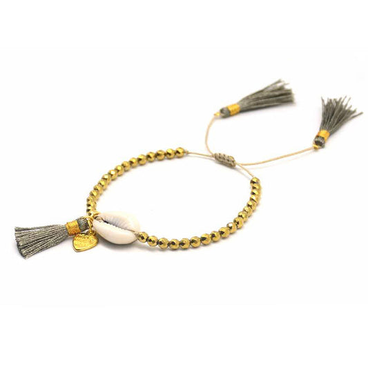 Beaded Shell Tassel Bracelet Gray Olive
