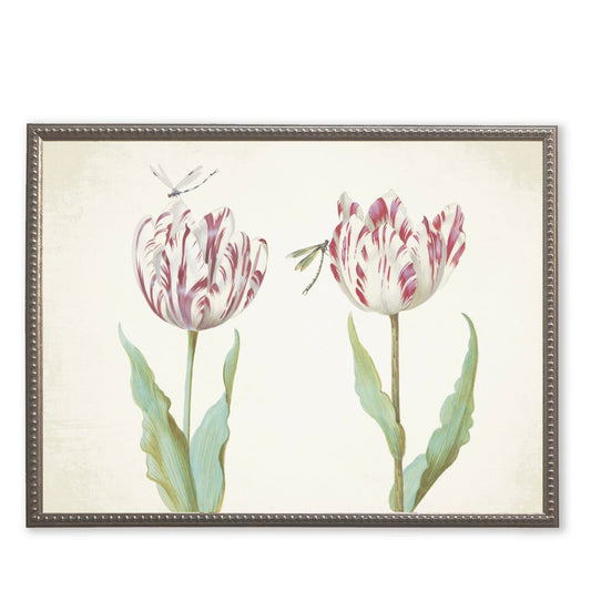 Pink Flowers with Two Dragonflies in Silver-Beaded Frame
