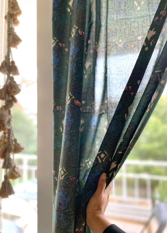 Curtain Panel, Boho Block Print Cotton Drape - Meadow Green