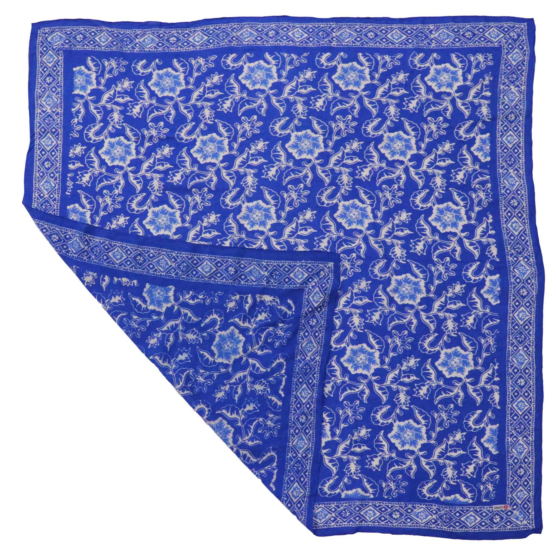 Large 39" Hand Dyed Batik Bandana, Blue Tendril, 100% Cotton