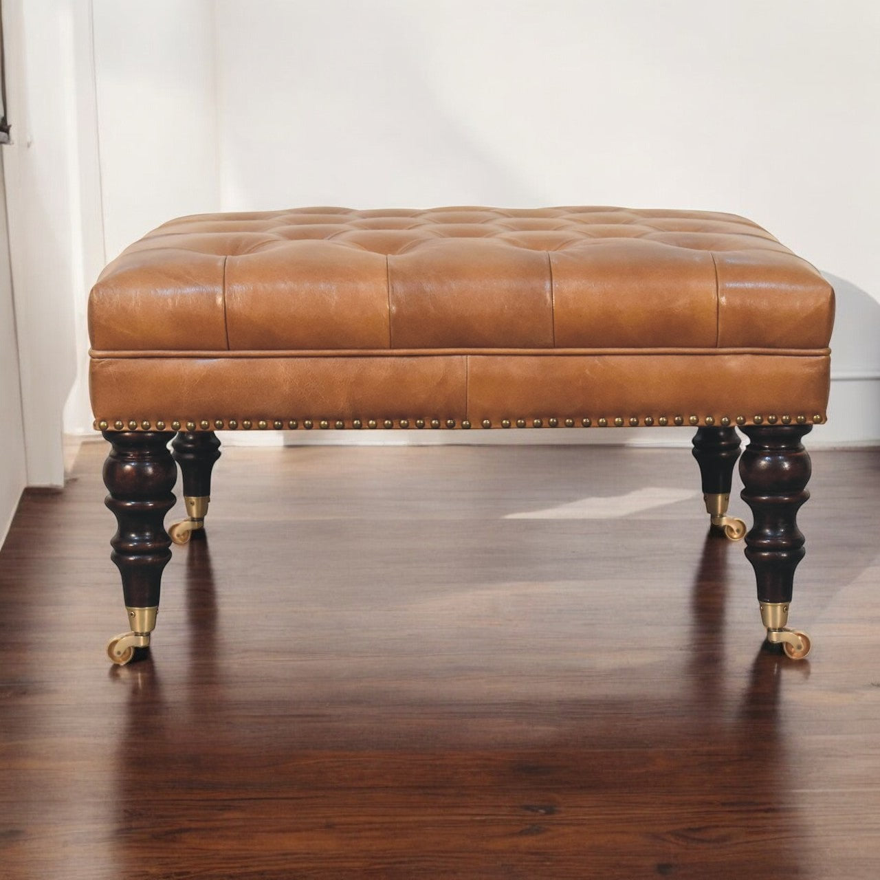 Solid Wood Studded Buffalo Leather Upholstered Ottoman