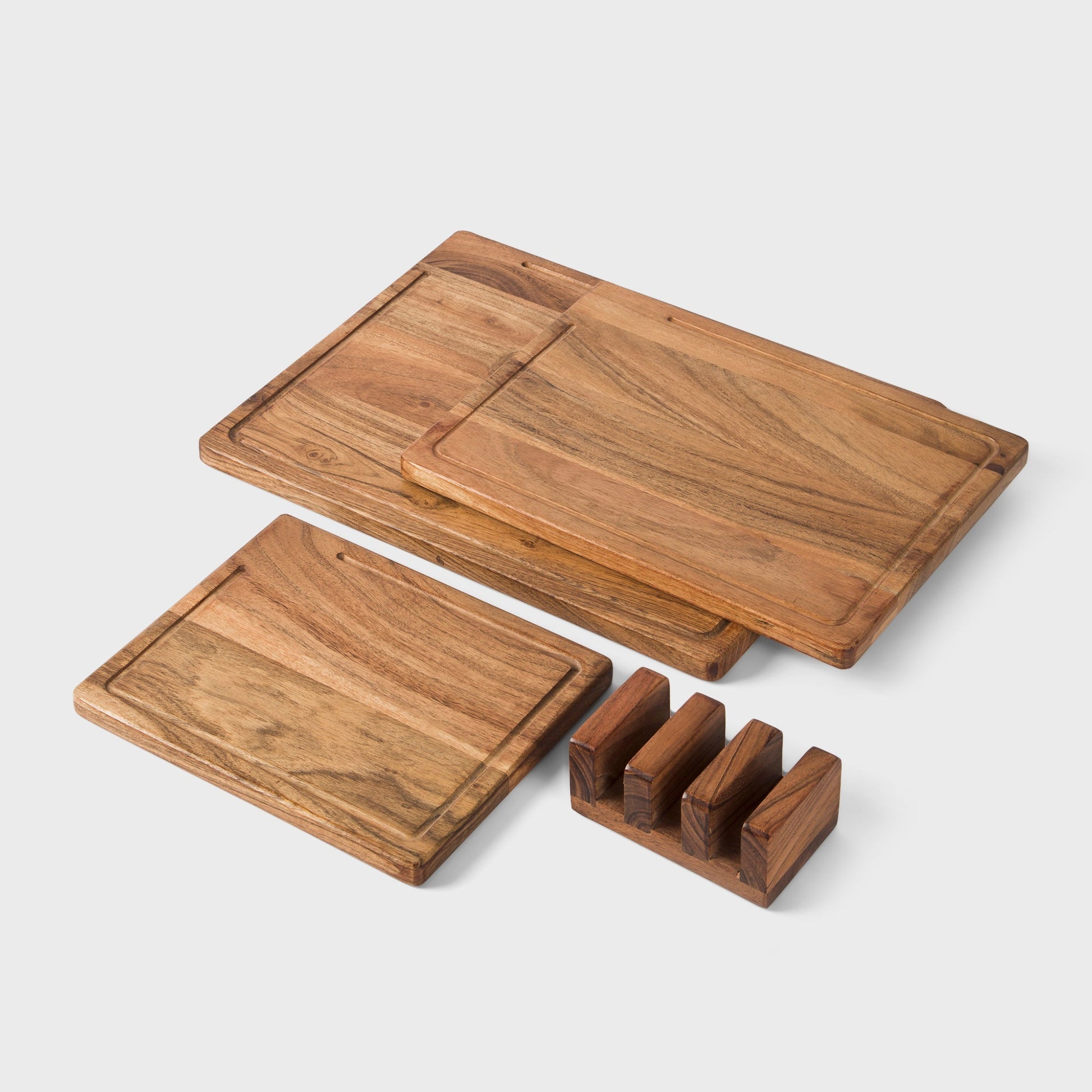 Acacia Wood Cutting Board Set with Stand – 3 Piece
