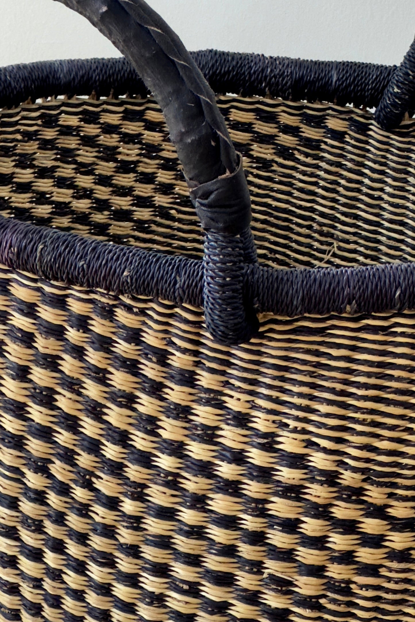 Handwoven Natural & Black Checkerboard Bolga Basket - Large Round