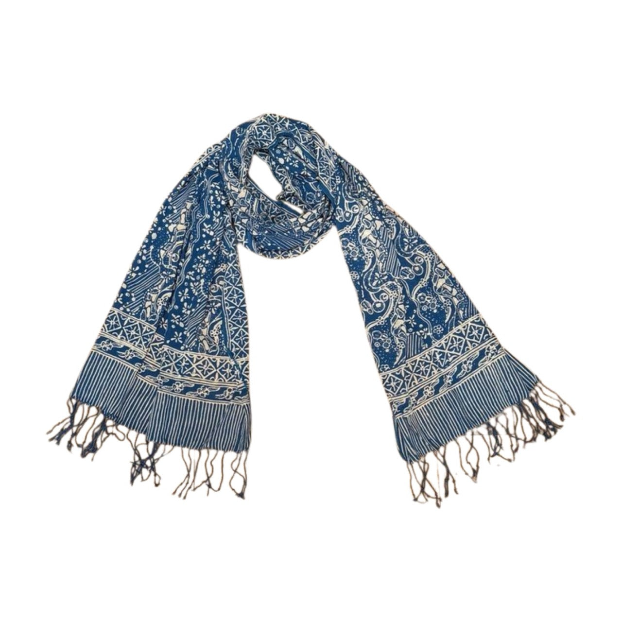 Handmade Batik Scarf, 100% Soft Cotton, Blue White, Tidal Flow
