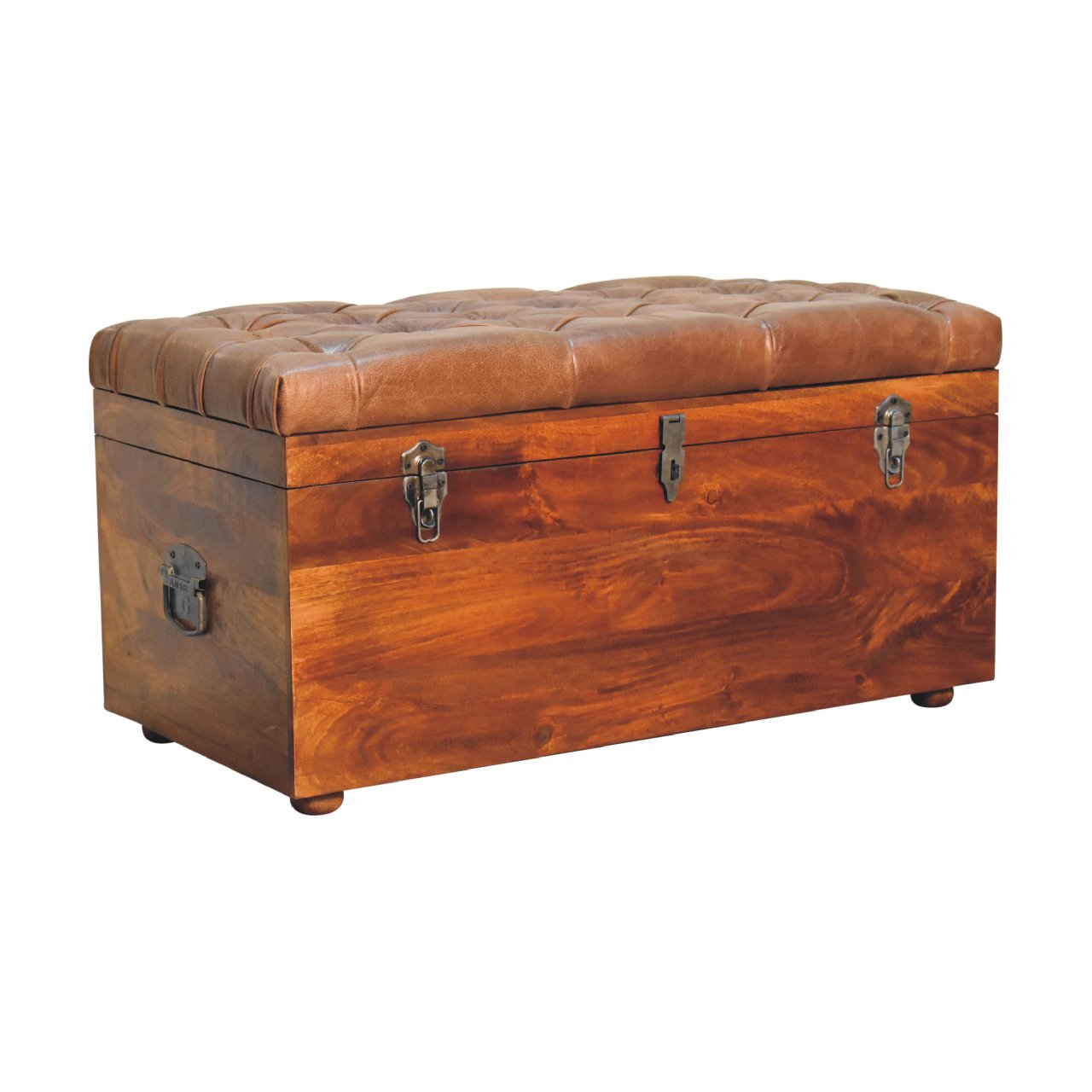 Solid Wood Buffalo Leather Upholstered Hide Chestnut Storage Trunk