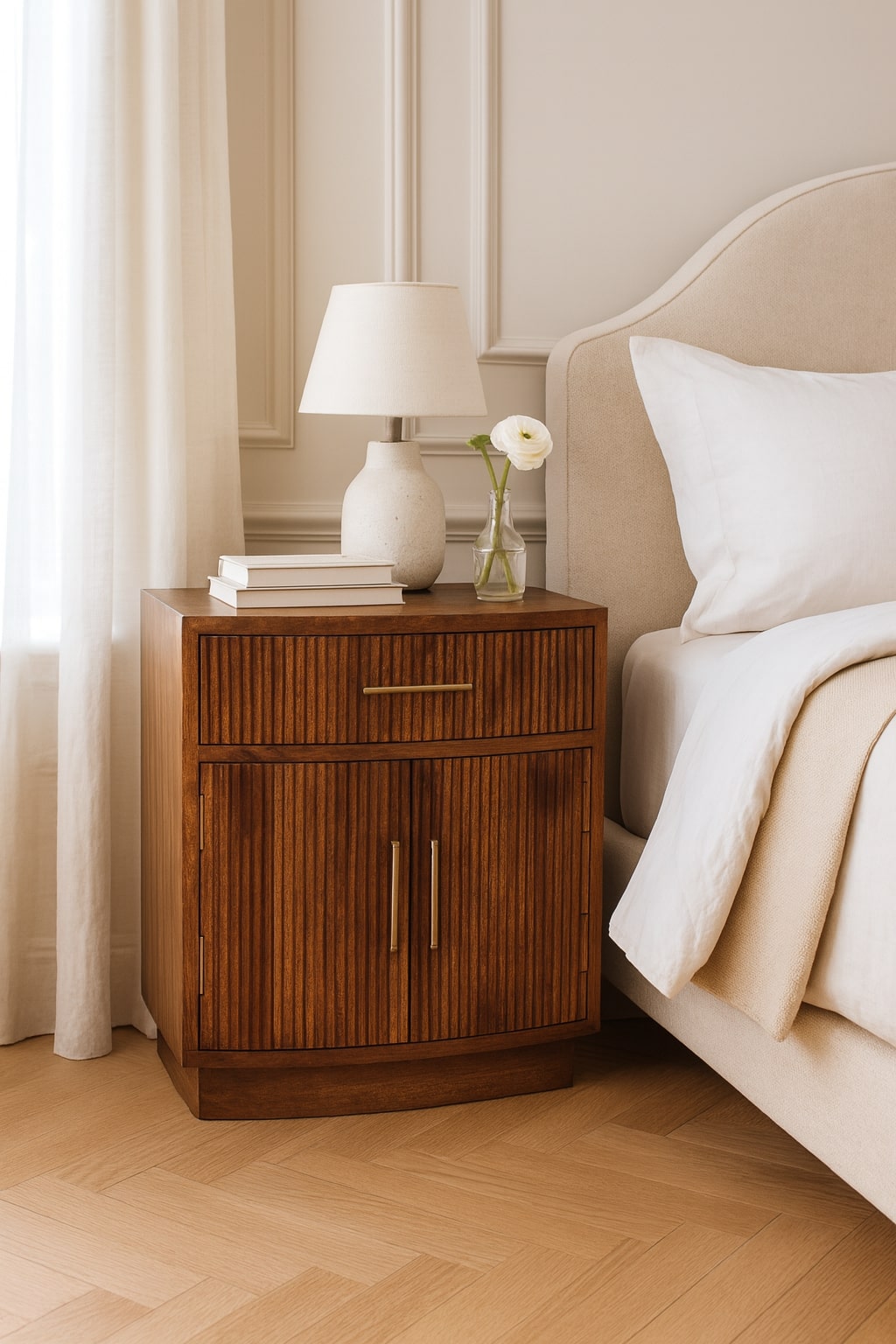 Solid Wood Curved Ribbed Bedside Table