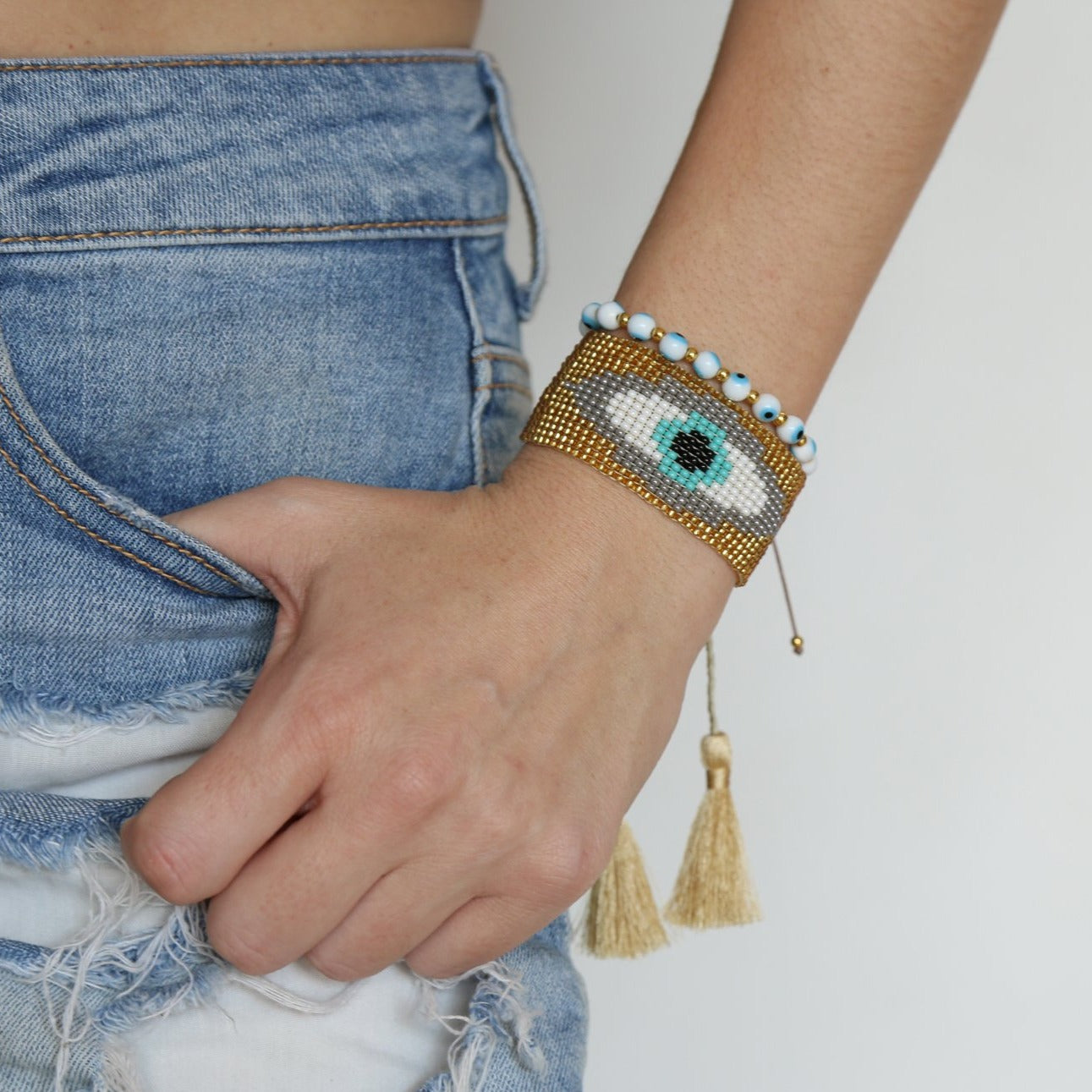 Evil Eye Tassel Bracelet Set Gold