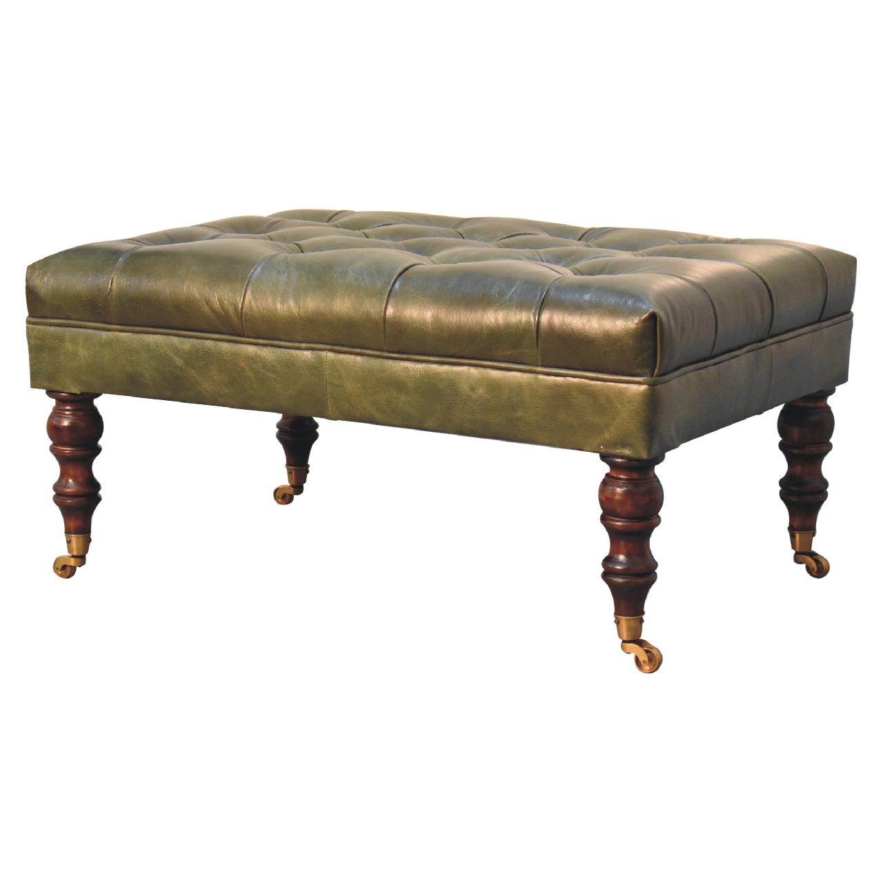 Buffalo Leather Upholstered Ottoman with Castor Legs