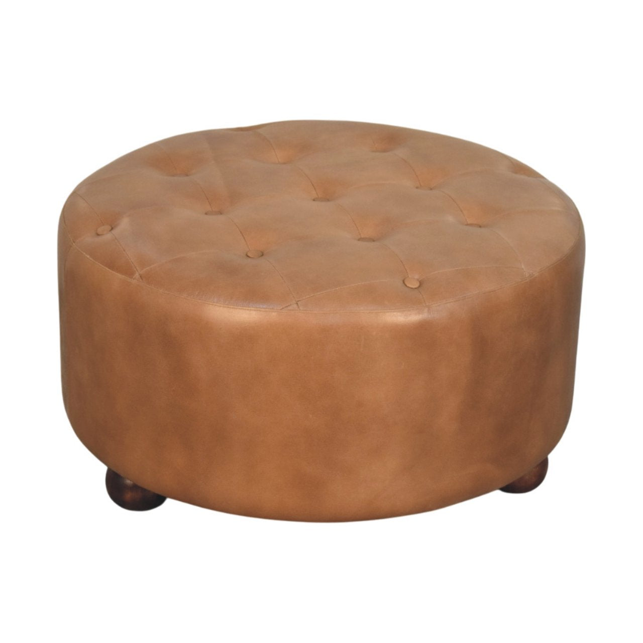 Brown Buffalo Hide Leather Upholstered Round Ottoman