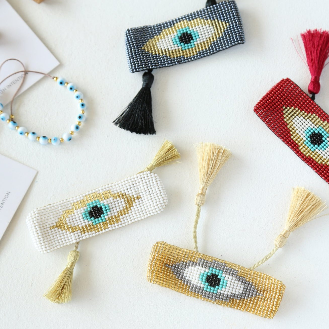Evil Eye Tassel Bracelet Set Gold