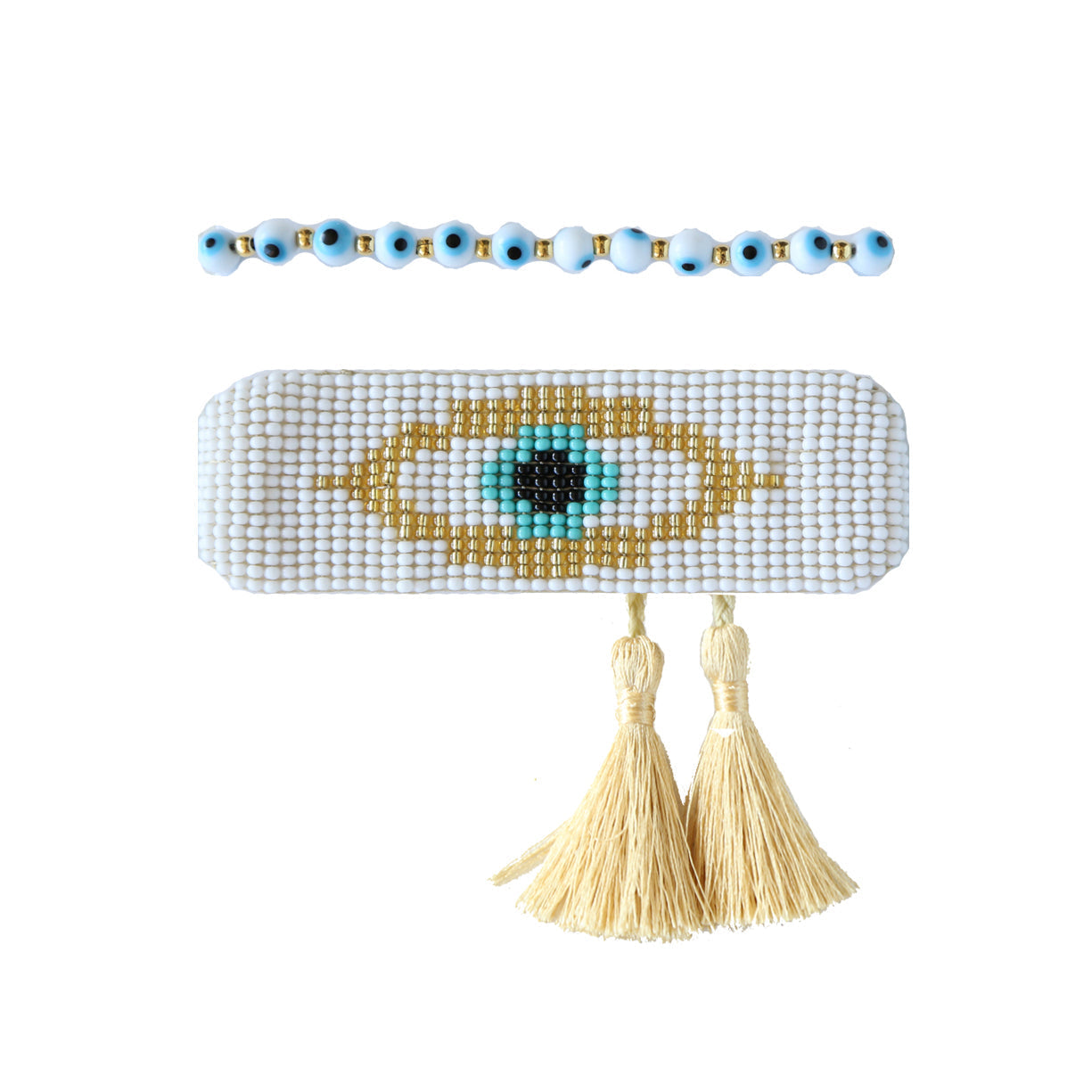 Evil Eye Tassel Bracelet Set White