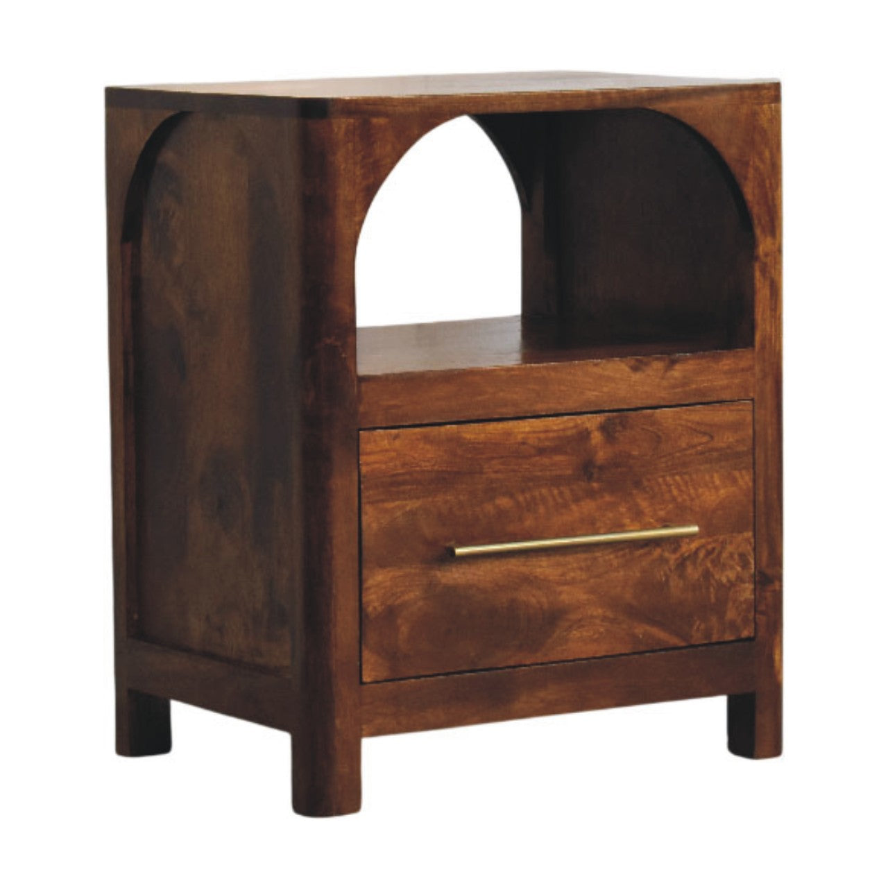 Solid Wood Arc Bedside Table 1 Drawer 1 Open Shelf Brown