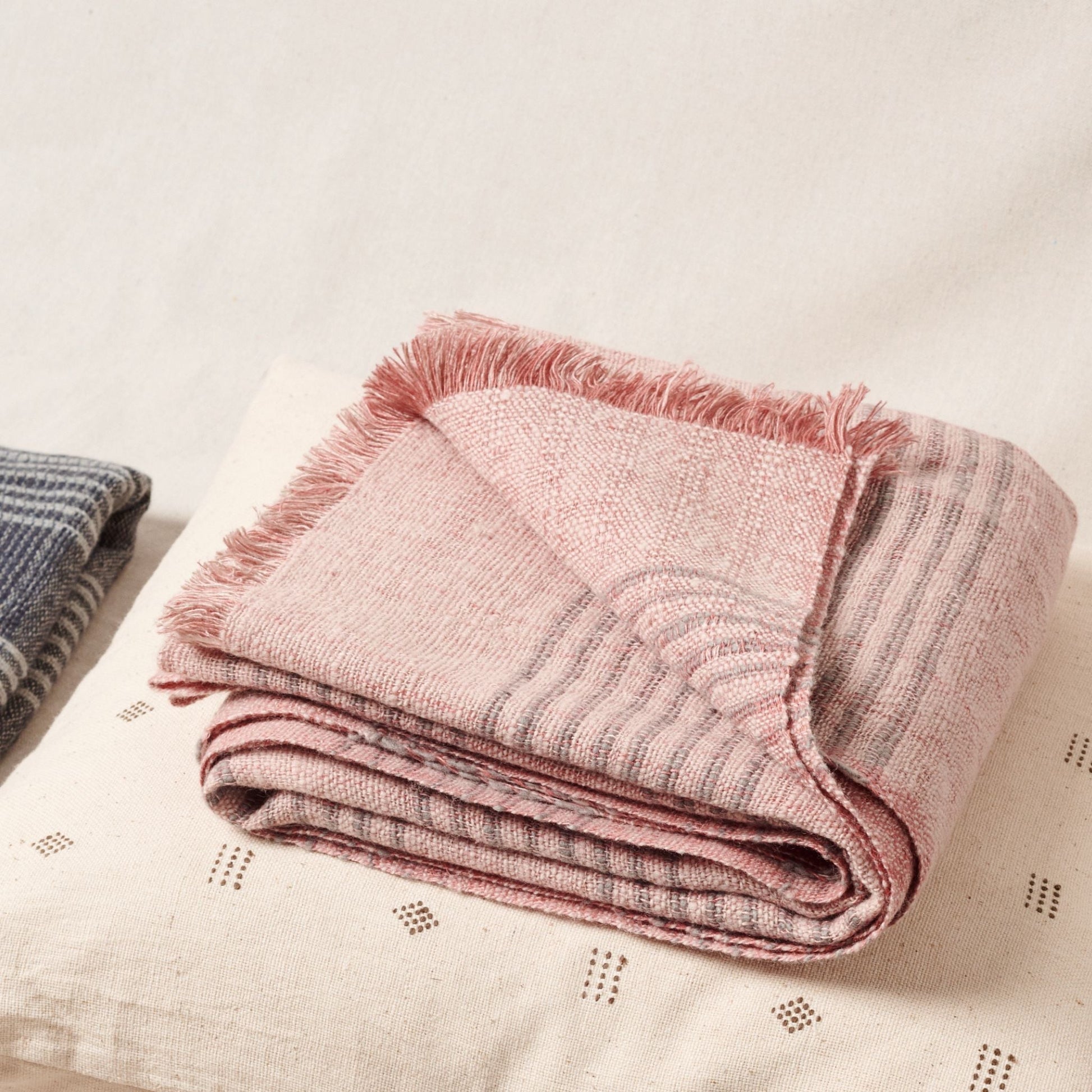 Silica Rose In Shades of Salmon Gray Stripes Pattern Soft Handwoven Merino Throw