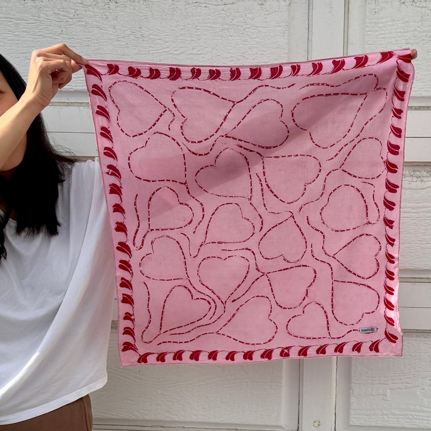 Full Hand Drawn Batik Tulis Bandana Authentic, 100% Soft Cotton, Pink Heart, Mother's Day Gift