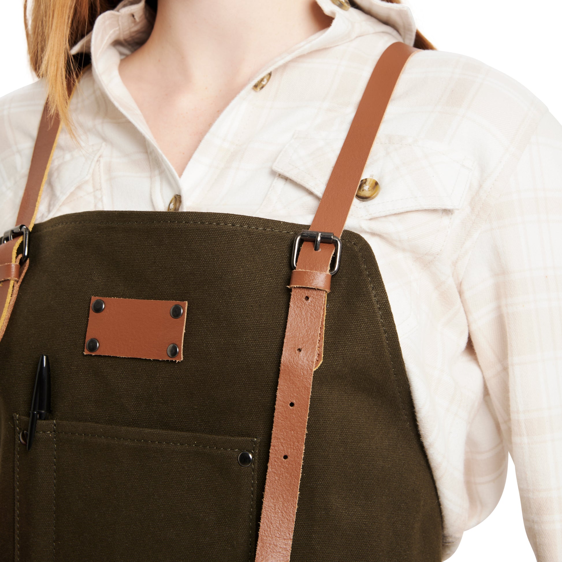 Waxed Canvas Work Apron with Leather Straps & Utility Pockets