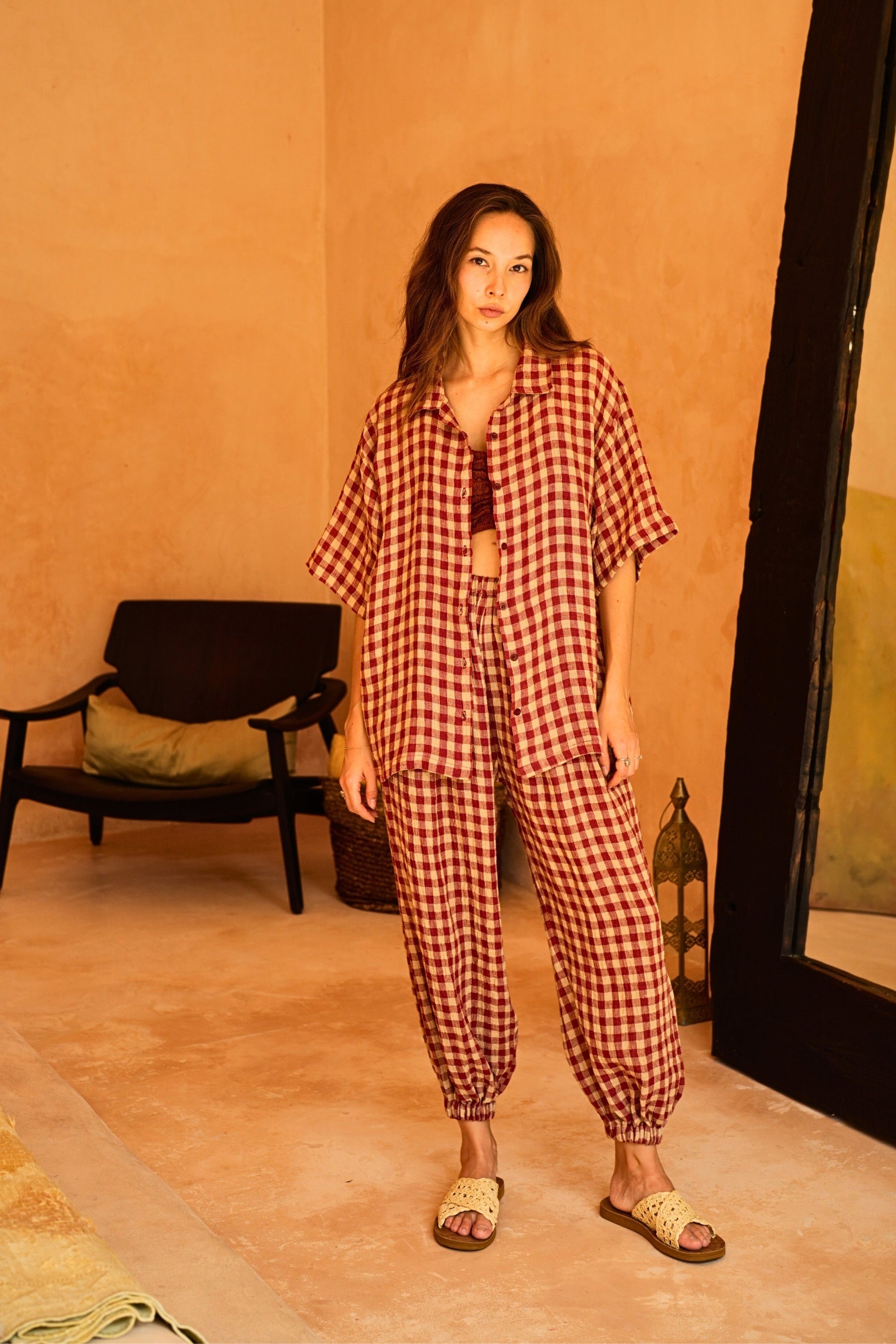 Vanessa Linen Gingham Balloon Pants in Red