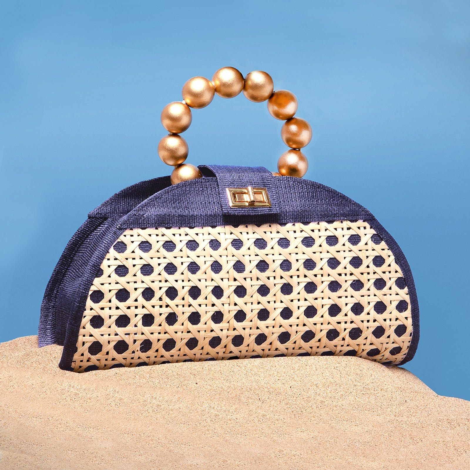 THE ISABELLA Navy Blue & Gold Rattan Woven Handbag