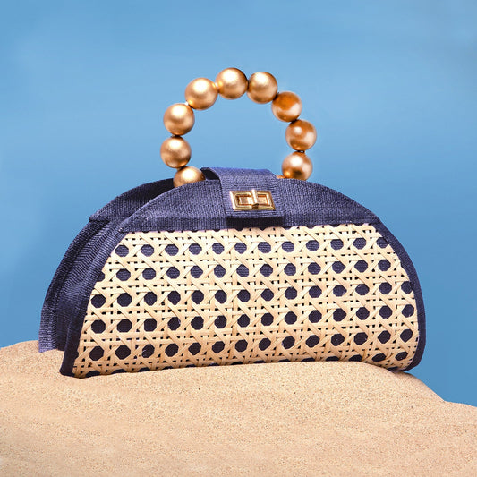 THE ISABELLA Navy Blue & Gold Rattan Woven Handbag