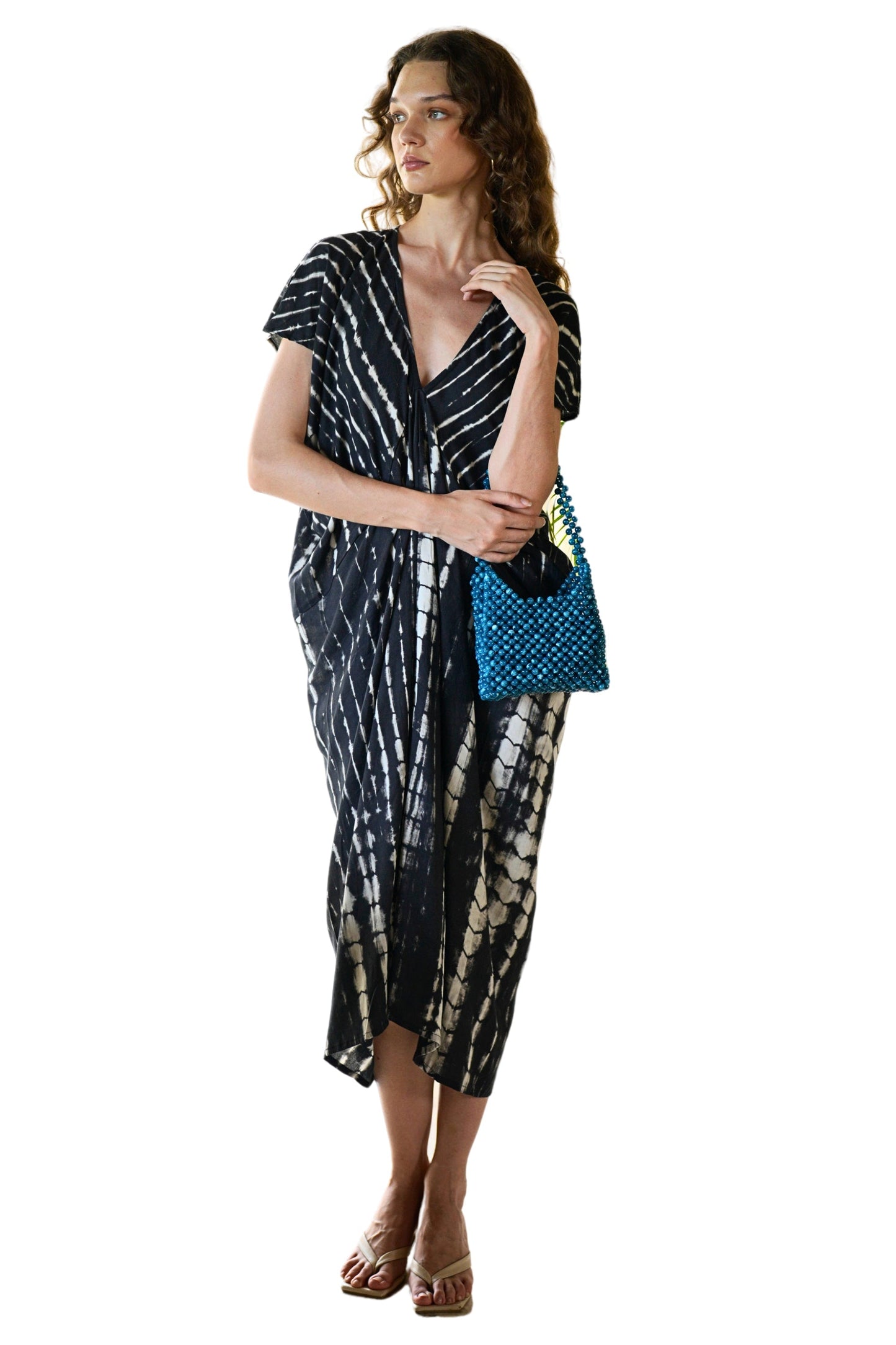 Madella Hand Dyed Kaftan Dress in Black Tie Dyed