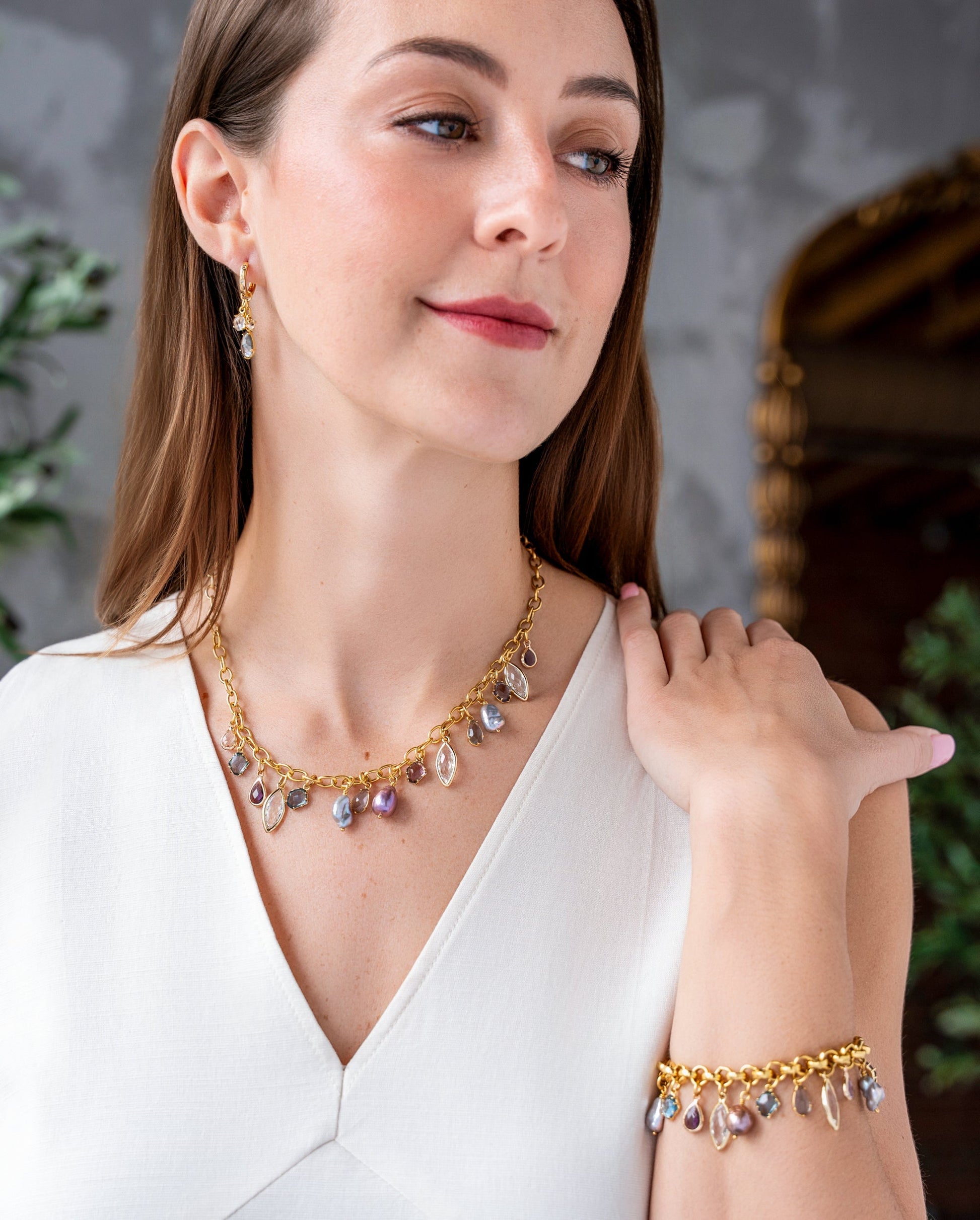Colorful Gemstone and Pearl Charm Bracelet