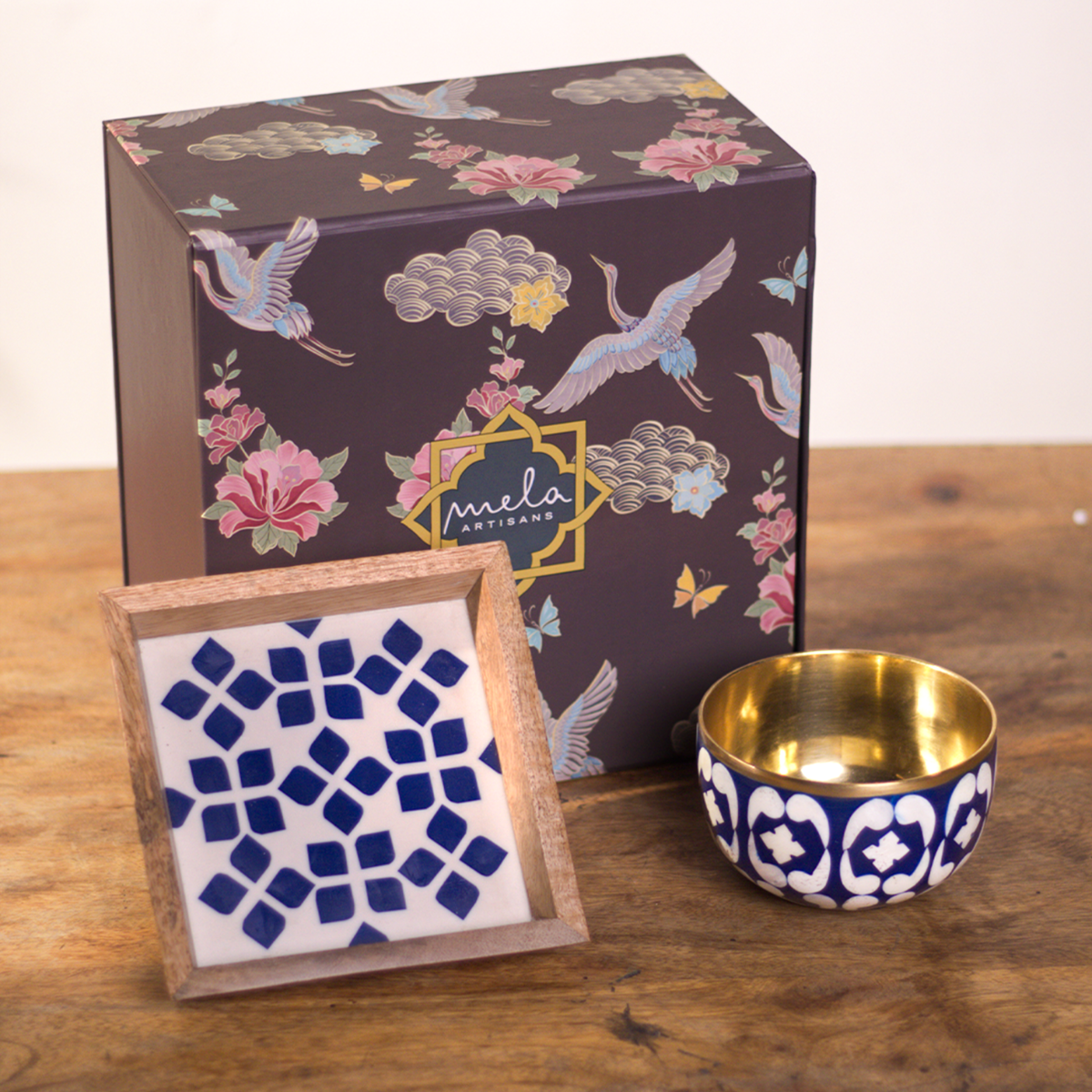 Lattice Blue Trinket Bowl & Tray Gift Box Set