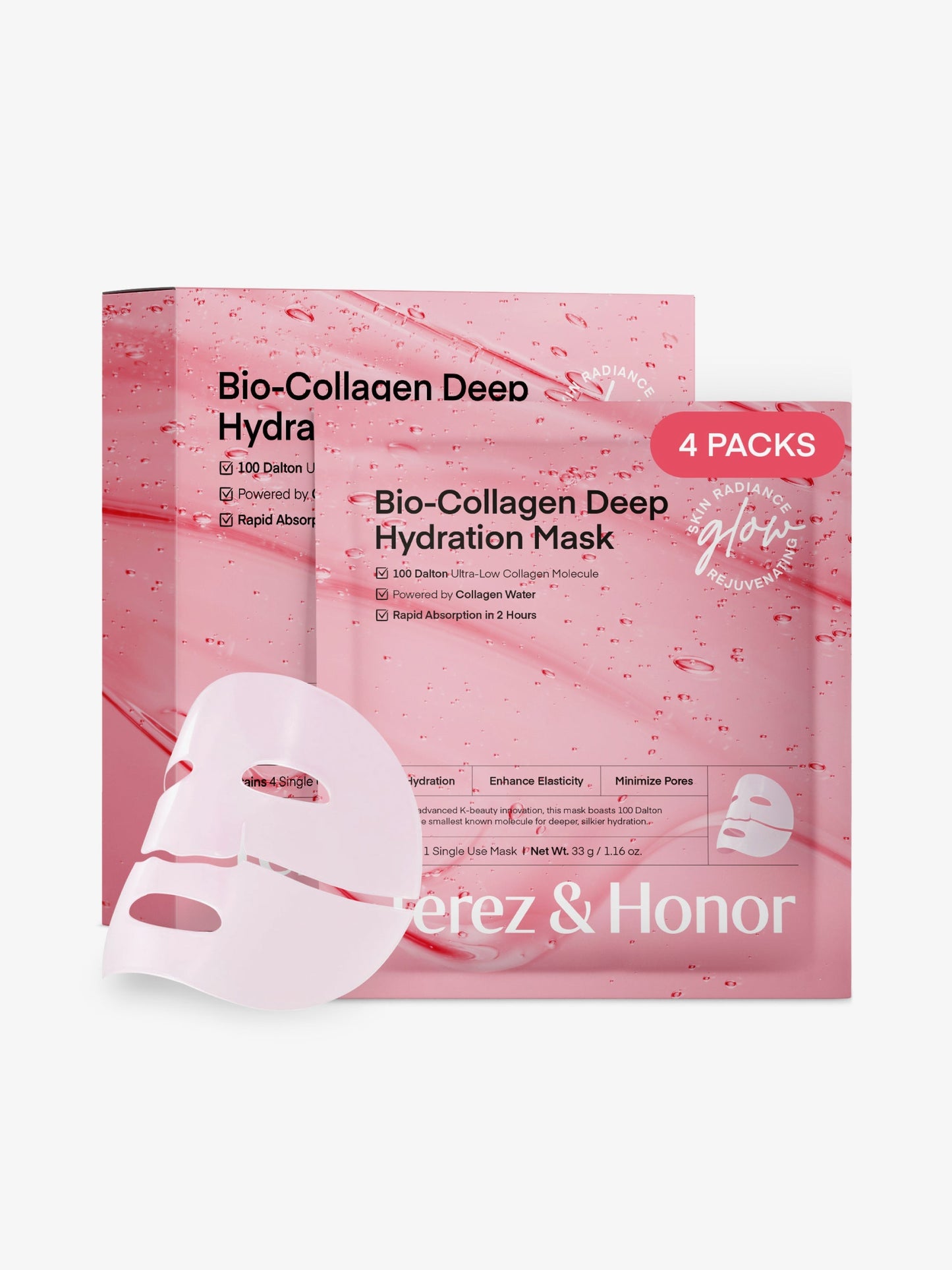 Terez & Honor Korean Collagen Mask Set - 3-Piece Bundle with 4ea Bio-Collagen Face Masks, 100 ml Night Wrapping Peel-Off Mask & 60 pcs Eye Patches for Deep Hydrating, Firming & Glass Like Glow