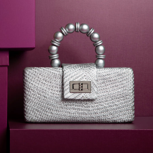 THE SERENA Silver Woven Straw Clutch Bag