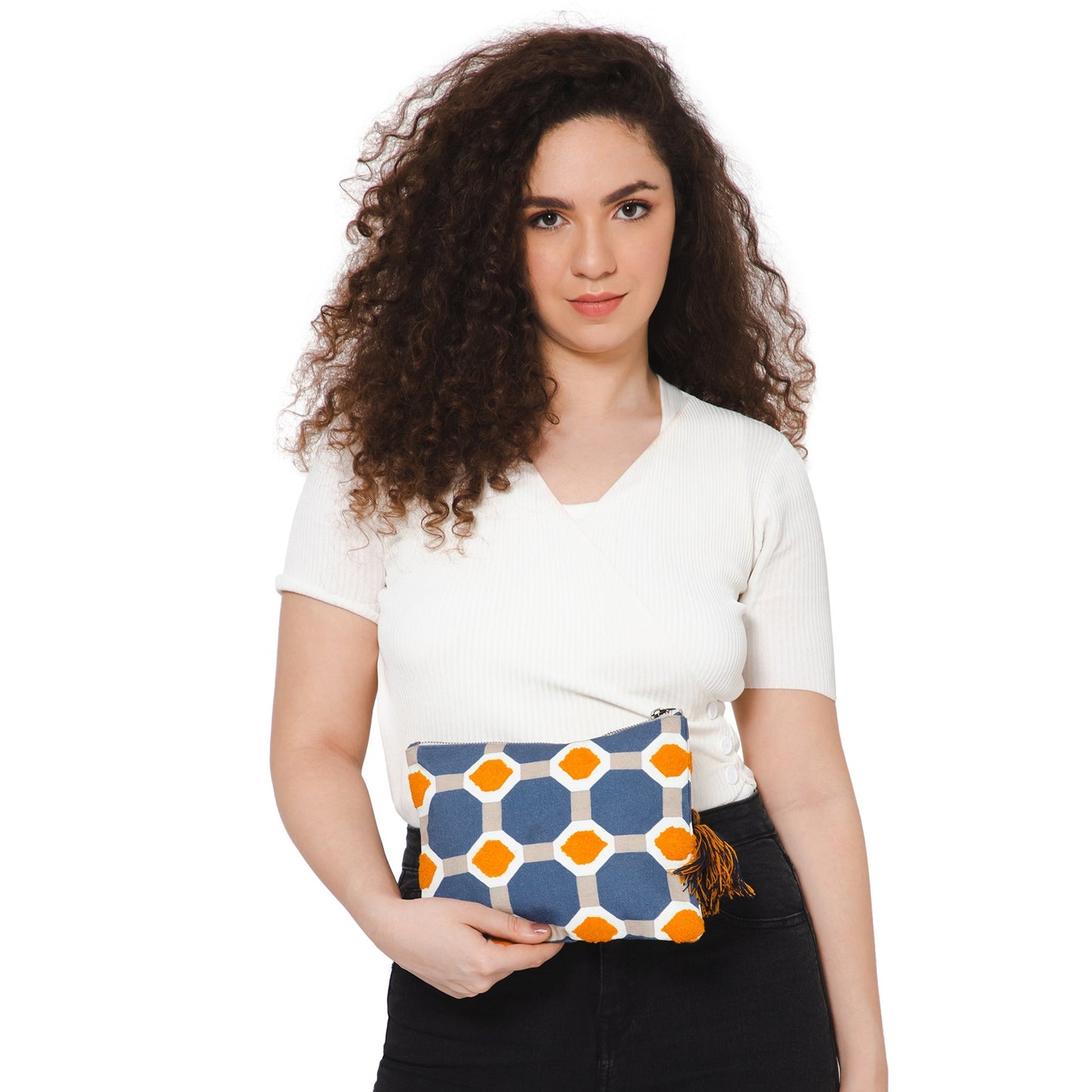 Octagon Embroidered Travel Pouch - Blue Ivory