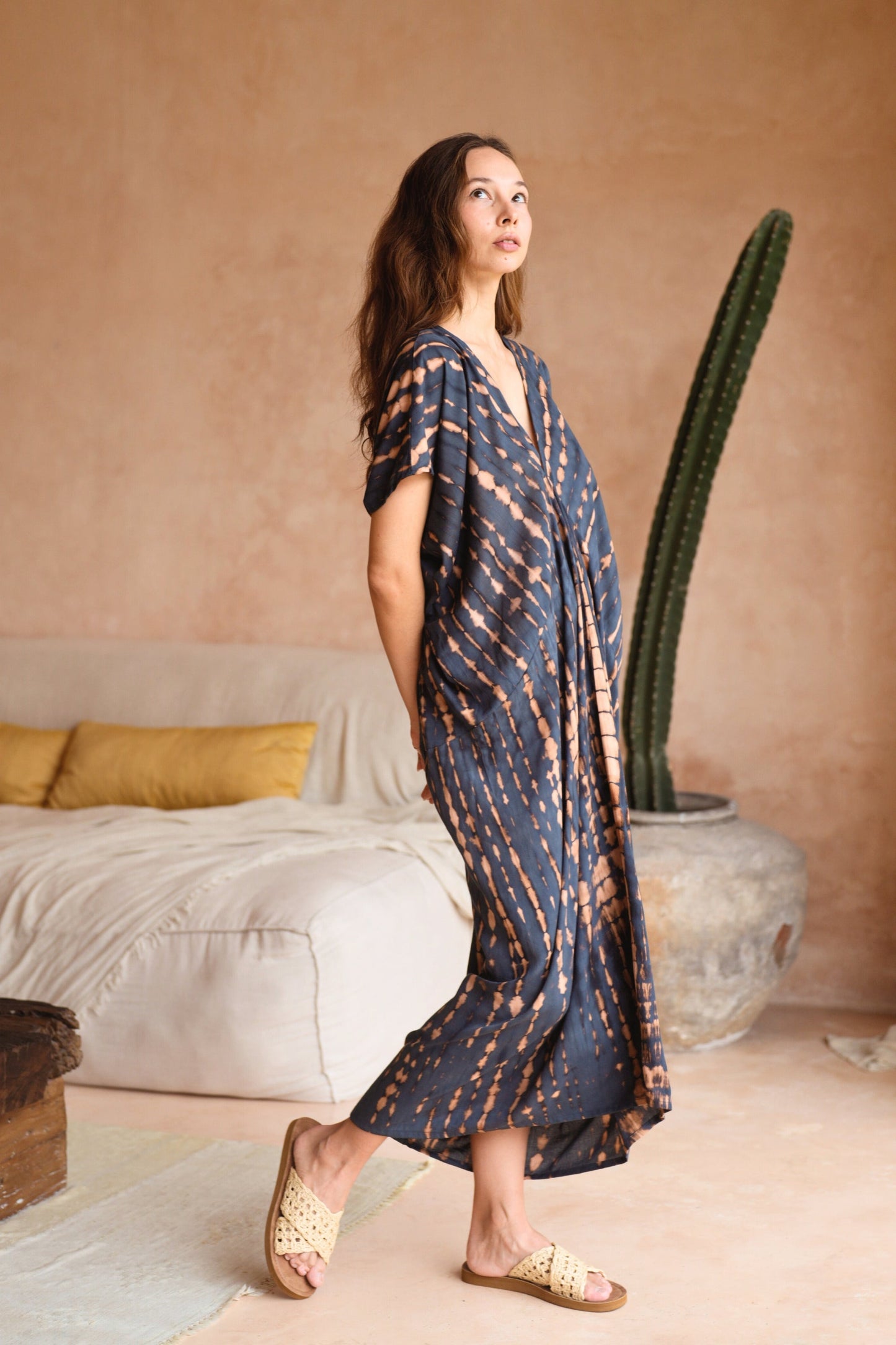Madella Hand Dyed Kaftan Dress in Deep Sea Blue