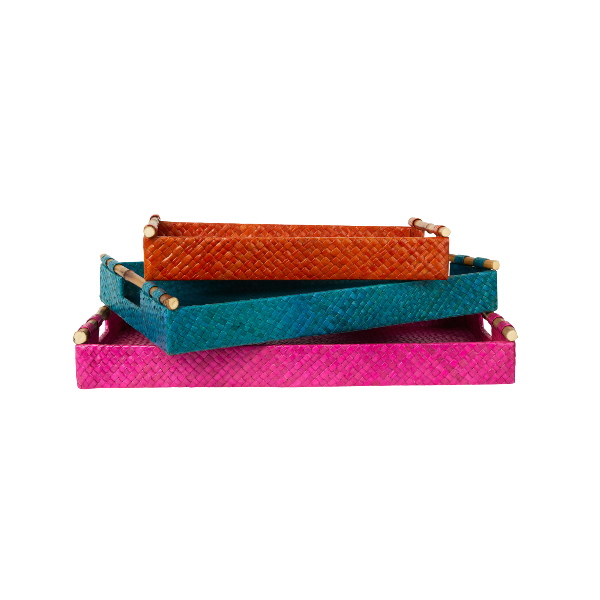 Multi Color Woven Decorative Trays with Bamboo Handles - Set of 3