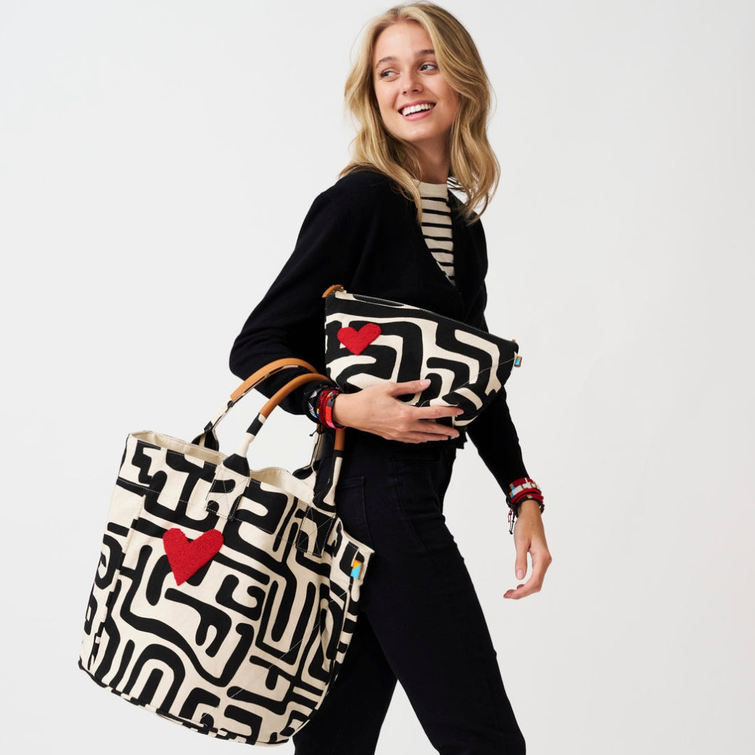 XLarge Convertible Pouch - Black Kuba with Red Beaded Heart